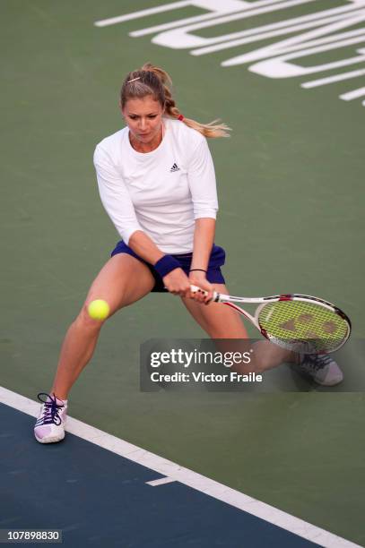 Maria Kirilenko of Russia plays a shot during her match against Melanie Oudin of the USA on day two of the Hong Kong Tennis Classic at the Victoria...