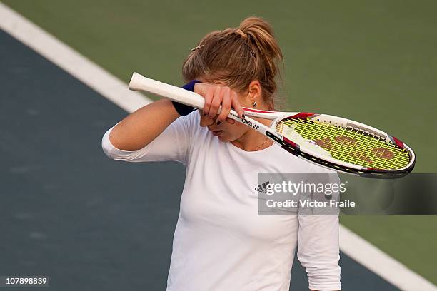 Maria Kirilenko of Russia reacts during her match against Melanie Oudin of the USA on day two of the Hong Kong Tennis Classic at the Victoria stadium...