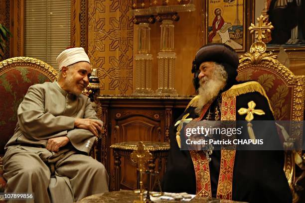 Sheikh Mohammed Sayed Tantawi: Grand Imam of al-Azhar Mosque meets Pope Shenouda III of Alexandria on May 24, 2006 in Cairo, Egypt. Egyptian...