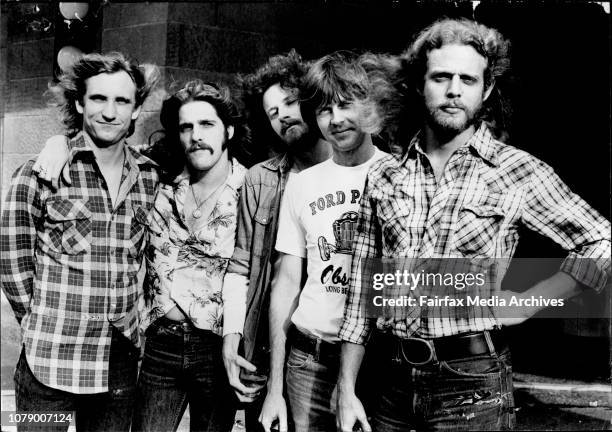 American entertainers, "The Eagles" pictured at their press conference at the Sebel Town House.Left to Right. Joe Walsh, guitar. Glenn Frey, guitar,...