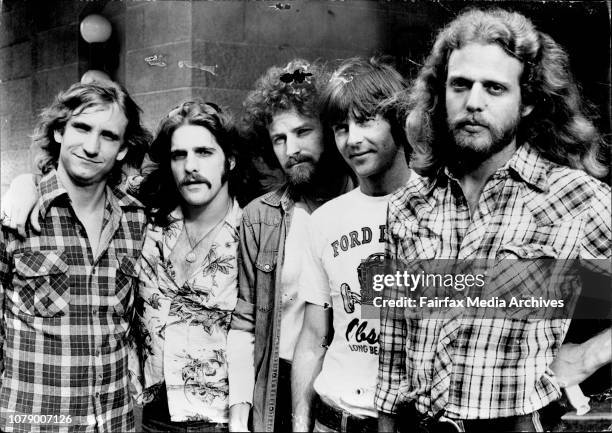 American entertainers, "The Eagles" pictured at their press conference at the Sebel Town House.Left to Right. Joe Walsh, guitar. Glenn Frey, guitar,...