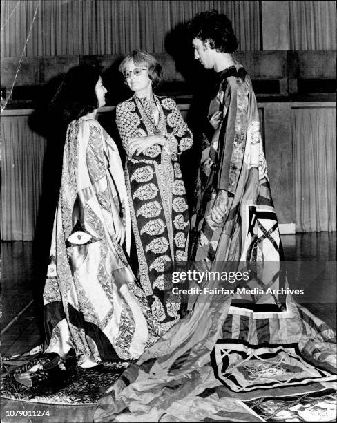 Mrs. Fitzpatrick talking to Robyn Nevin and Arthur Dignam about their fourth coming play Berenice. February 27, 1975. .