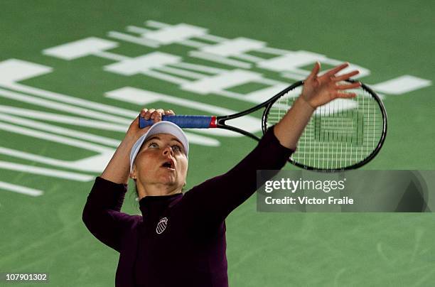 Vera Zvonareva of Russia serves during her match against Venus Williams of the USA on day two of the Hong Kong Tennis Classic at the Victoria stadium...