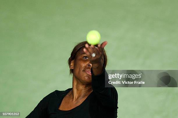 Venus Williams of the USA serves during her match against Vera Zvonareva of Russia on day two of the Hong Kong Tennis Classic at the Victoria stadium...