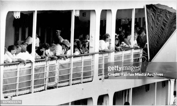 Man Killed in engine room aboard the Cruiseship Fairstar"Passengers disembarking this morning. March 19,1990.
