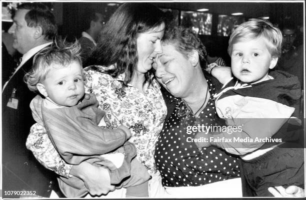 Passengers from the P &amp; O cruise ship, Fairstar, on arrival at Mascot.Pic shows: Mrs Margaret Barker of Chester Hill is greeted by her daughter,...