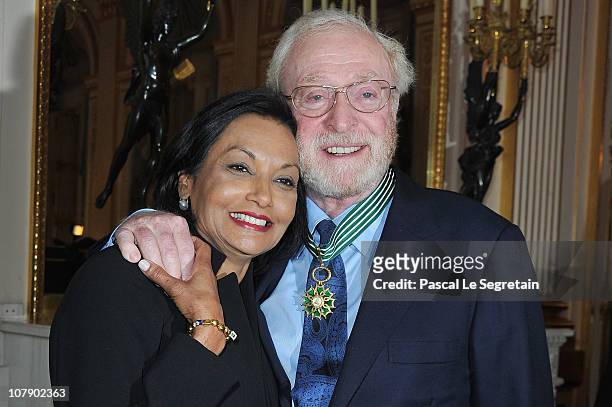 Actor Sir Michael Caine poses with his wife Shakira after being awarded "Commandeur des arts et des lettres" by French Culture Minister Frederic...