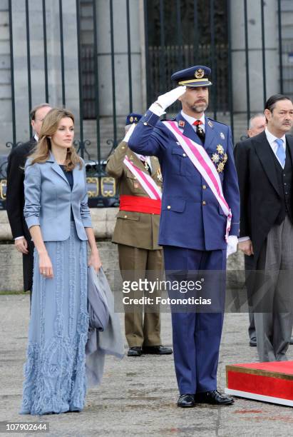 Prince Felipe of Spain and Princess Letizia of Spain attend the new year Pascua Militar ceremony at The Royal Palace on January 6, 2011 in Madrid,...