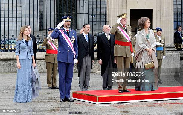Princess Letizia of Spain, Prince Felipe of Spain, King Juan Carlos of Spain and Queen Sofia of Spain attend the new year Pascua Militar ceremony at...