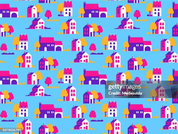 house seamless pattern vector - flat roof stock illustrations