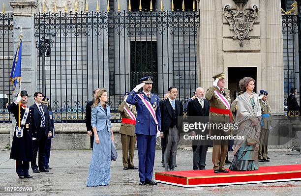 Princess Letizia of Spain, Prince Felipe of Spain, King Juan Carlos of Spain and Queen Sofia of Spain attend the new year Pascua Militar ceremony at...