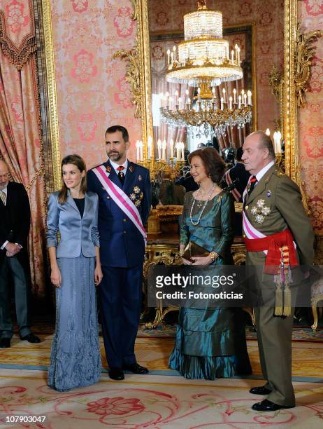 Princess Letizia of Spain, Prince Felipe of Spain, Queen Sofia of Spain and King Juan Carlos of Spain attend the new year Pascua Militar ceremony at...