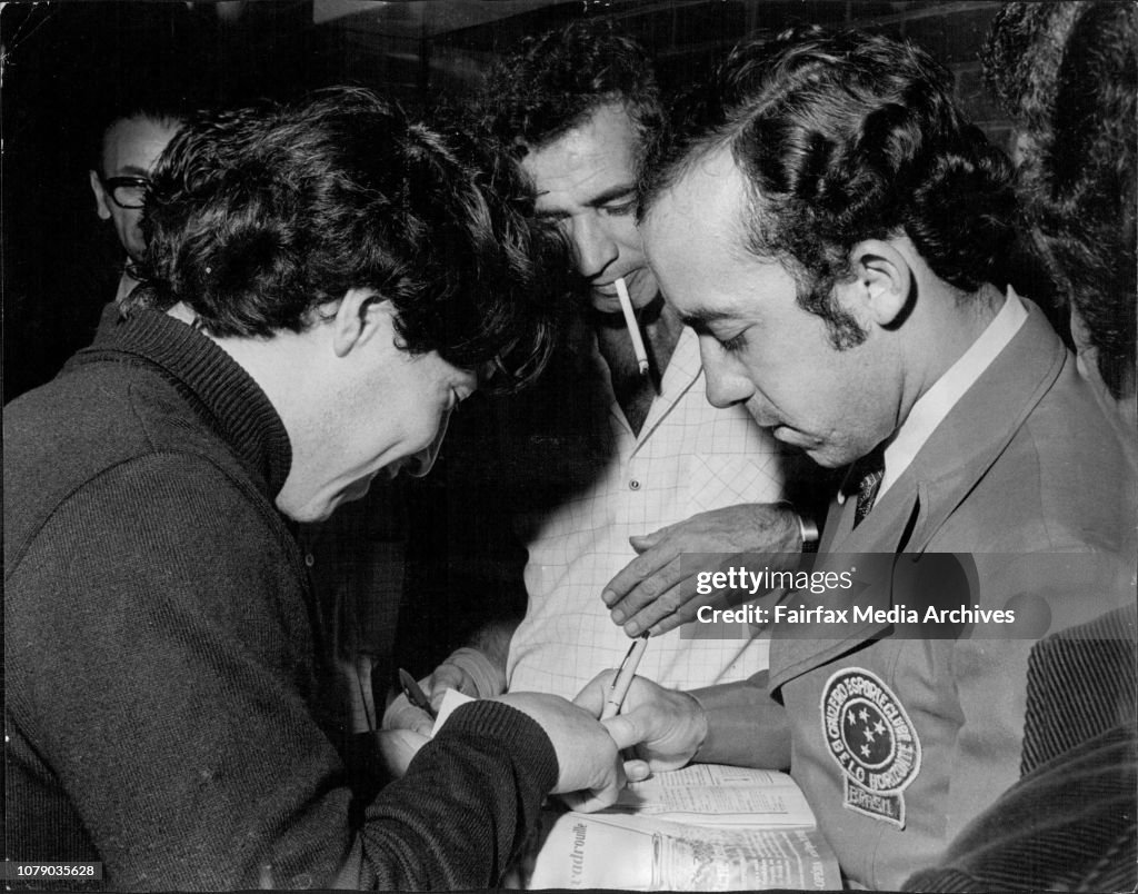 Tostao, nicknamed "the white Pele" the superstar of the Cruzeiro side, and plays at center forward in the Brazilian National Team..talks and signs autographs for fans at the airport.Arrival of the world famous Brazilian Soccer Team the Gruzeiro Sport Club