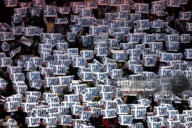 Lazio fans show their support for former hero Paolo Di Canio, who they want the club to re-sign during the Italian Cup match between Lazio and AC...
