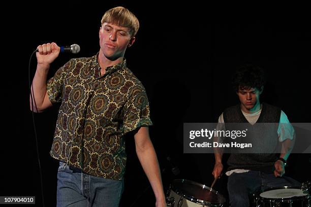 Jonathan Pierce and Connor Hanwick of The Drums perform for a Biz Session to promote their new album 'The Drums' on May 24, 2010 in London, England.