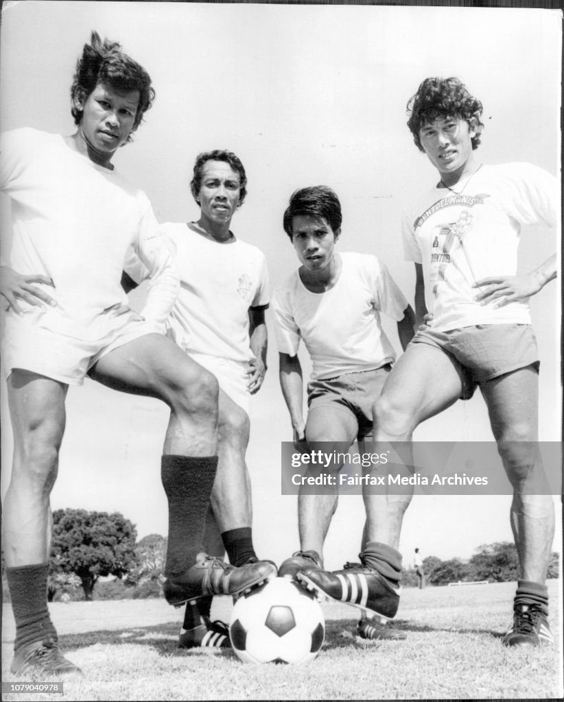 The Indonesian World Cup Soccer squad training at Centennial Park.Pic Shows.The Indonesian team may be small compared to the Aust. team but they quite Fomidable when looking from this angle. (left to right).Anwar Ujang (Captain), Basri, Rahman and Sarnan.