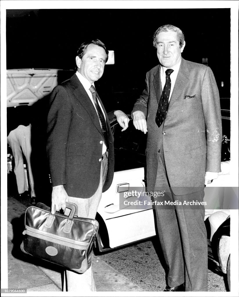 Left to right: Tony Eggleton, Federal Director of Liberal Party and Sir John Atwill, President of the Liberal Party - pictured of Sydney Airport on this return from France, Australia of America.