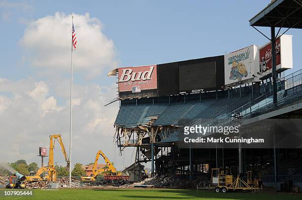View of the center field bleachers and flag pole of Tiger Stadium, the former home of the Detroit Tigers and Detroit Lions, during partial demolition...
