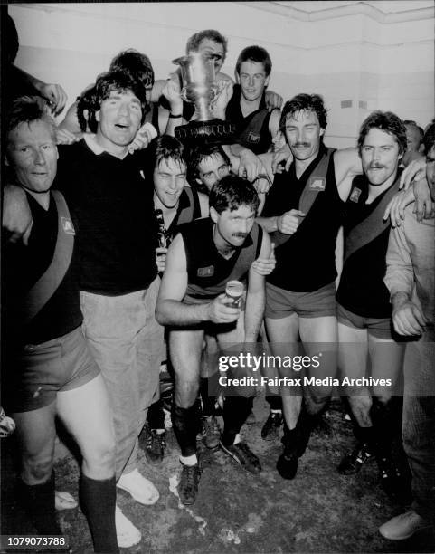 Aussie Rules Sydney Premiership Grand Final at Erskineville Park.The winning team in the shed after the game..... North Shore. September 25, 1985. .