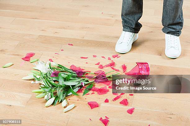 young man with broken vase of flowers on floor - vas bildbanksfoton och bilder