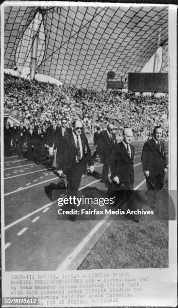 Australians led by Team Manager Julius Patching enter Olympic Stadium for memorial service held for slain Israelis. September 06, 1972. .