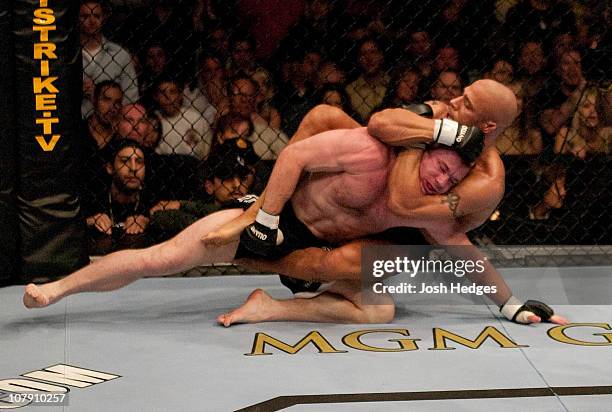 Matt Hughes battles Frank Trigg during UFC 52 at the MGM Grand Garden Arena on April 16, 2005 in Las Vegas, Nevada.