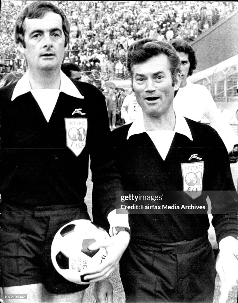 Australian contraversial Soccer Referee Tony Boskovic in spot lights of world wide publicity at Hannover Stadium during world Cup match Brazil vs DDR.