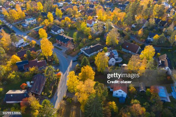 flygande över villa och trädet område precis vid solnedgången - bostadsområde bildbanksfoton och bilder