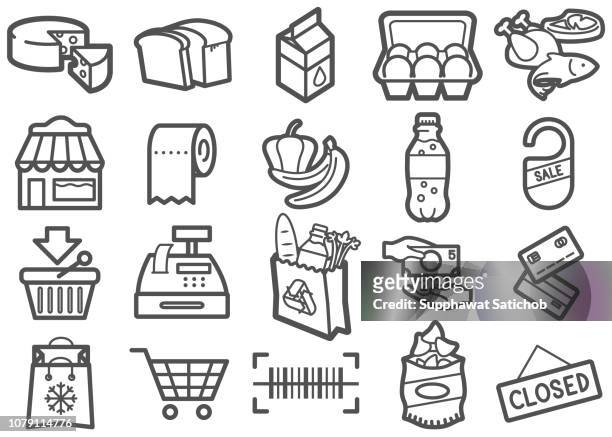 supermarket line icons set - paper bag stock illustrations