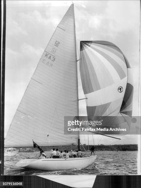 Gretal 11 showing her form and new colours with a channel 7 Coloured spinnaker on Sydney Harbour this morning. February 27, 1977. .
