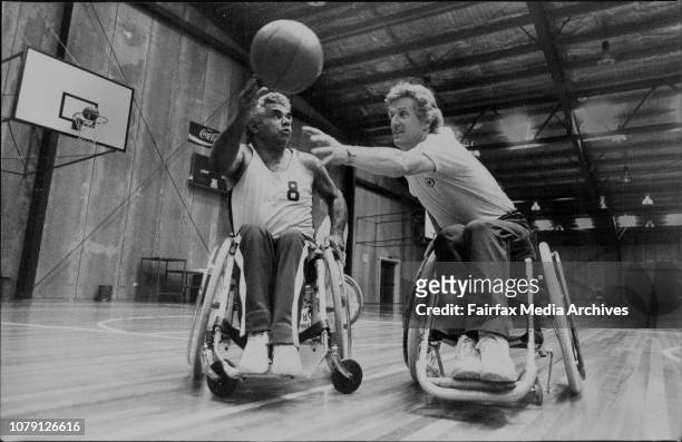 Basketball... L to R Kevin Coombs of Victoria and Michael Callahan of NSW team practicing in a friendly session at Bankstown stadium. January 10,...