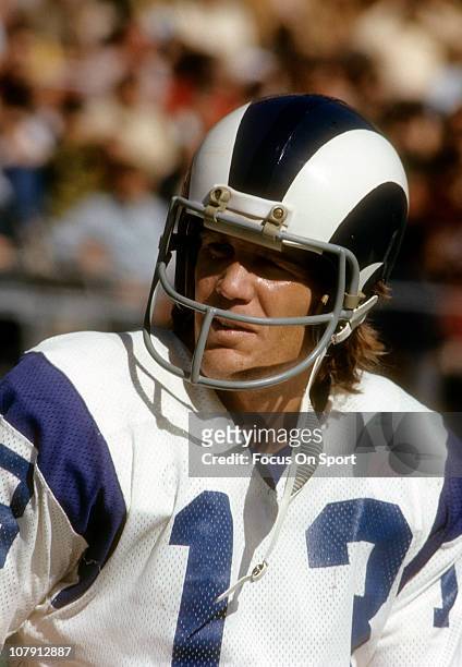 Wide Receiver Lance Rentzel of the Los Angeles Rams watches the action from the sidelines against the Atlanta Falcons during an NFL football game at...