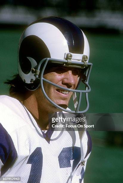 Wide Receiver Lance Rentzel of the Los Angeles Rams watches the action from the sidelines against the Atlanta Falcons during an NFL football game at...