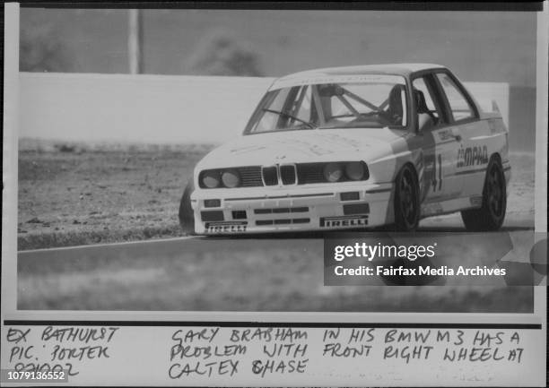 Gary Brabham in his BMW M3 has a problem with front right wheel at Caltex chase. October 02, 1987. .