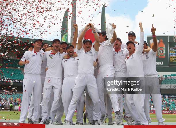 The England team celebrate their 3-1 series win after day five of the Fifth Ashes Test match between Australia and England at Sydney Cricket Ground...