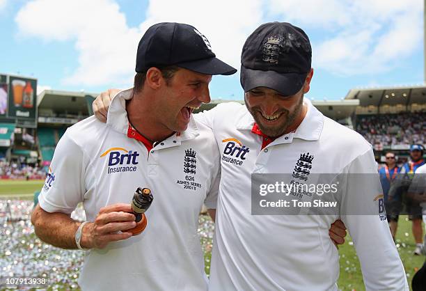 Andrew Strauss and Matt Prior of England celebrate with the Ashes Urn during day five of the Fifth Ashes Test match between Australia and England at...