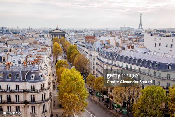 aerial view of paris cityscape with eiffel tower and paris streets, france - quartier de la madeleine photos et images de collection