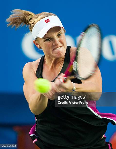 Melanie Oudin of USA in action during her match against Zhang Ling of China on day three of the Hong Kong Tennis Classic 2011 at the Victoria stadium...