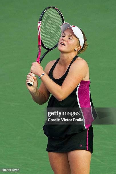 Melanie Oudin of USA reacts during her match against Zhang Ling of China on day three of the Hong Kong Tennis Classic 2011 at the Victoria stadium on...