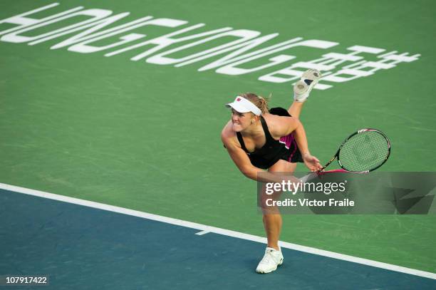 Melanie Oudin of USA serves during her match against Zhang Ling of China on day three of the Hong Kong Tennis Classic 2011 at the Victoria stadium on...