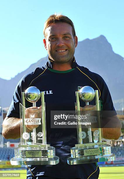 Man of the Match and Series Jacques Kallis of South Africa poses with his trophies during day 5 of the 3rd Test match between South Africa and India...