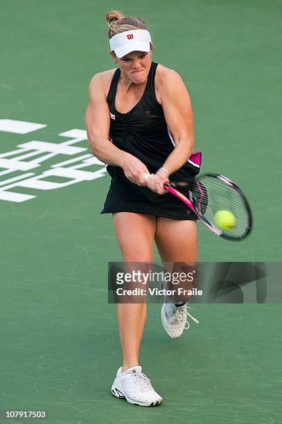Melanie Oudin of USA in action during her match against Zhang Ling of China on day three of the Hong Kong Tennis Classic 2011 at the Victoria stadium...