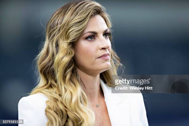 Erin Andrews on the field before a game between the Dallas Cowboys and the Washington Redskins at AT&T Stadium on November 22, 2018 in Arlington,...