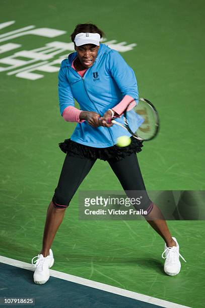 Venus Williams of USA in action during her match against Li Na of China on day three of the Hong Kong Tennis Classic 2011 at the Victoria stadium on...