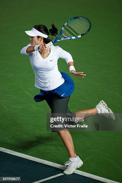 Li Na of China in action during her match against Venus Williams of USA on day three of the Hong Kong Tennis Classic 2011 at the Victoria stadium on...