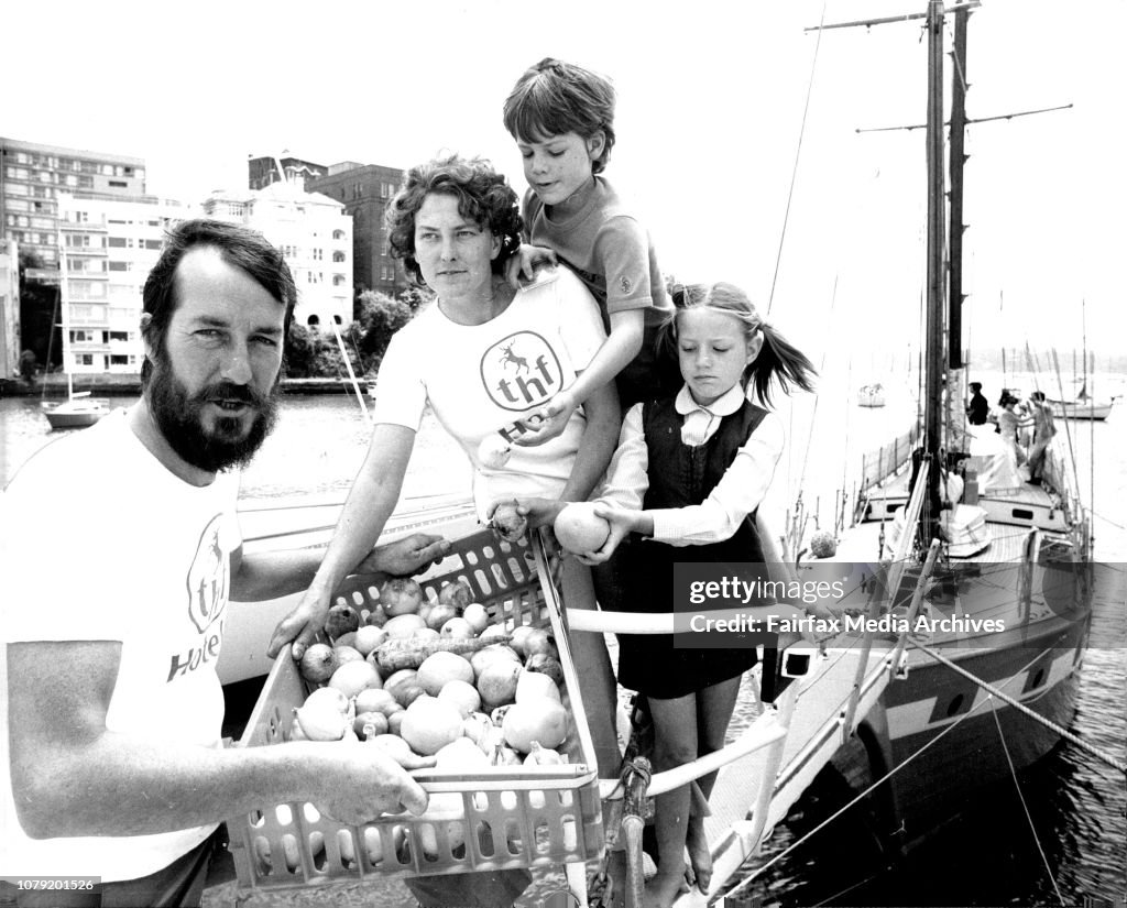 Mr. Gordon Cook and his wife Mary and children Jonathan (7) and Suzanne (8) aboard their schooner "Wavewalker" at the CYC Rushcutters Bay.The family are on a historic voyage from Britain retracing the third and final route taken by Captain James Cook whic