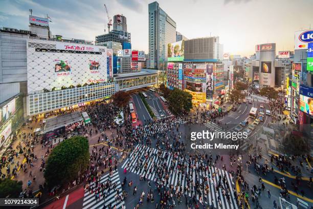 shibuya crossing aerial view tokyo japan - shibuya crossing stock pictures, royalty-free photos & images