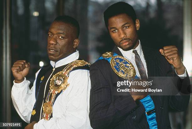 British heavyweight boxers Gary Mason and Lennox Lewis at a press conference before their fight at Wembley Arena, 4th March 1991.