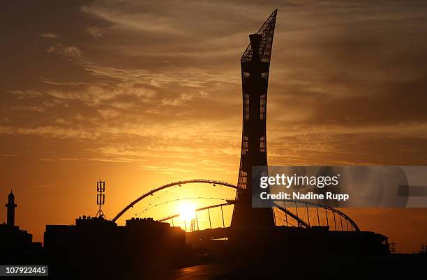 General view of the Khalifa Stadium and the Khailfa Tower at Aspire Academy for Sports Excellence is taken during sunset on December 30, 2010 in...