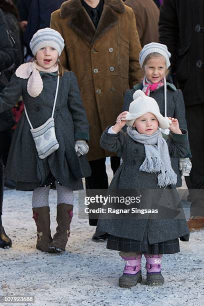 Maud Angelica Behn, Emma Tallulah Behn and Leah Isadora Behn attend the funeral of Anne-Marie Solberg, grandmother of Ari Behn at Immanuels Kirke on...